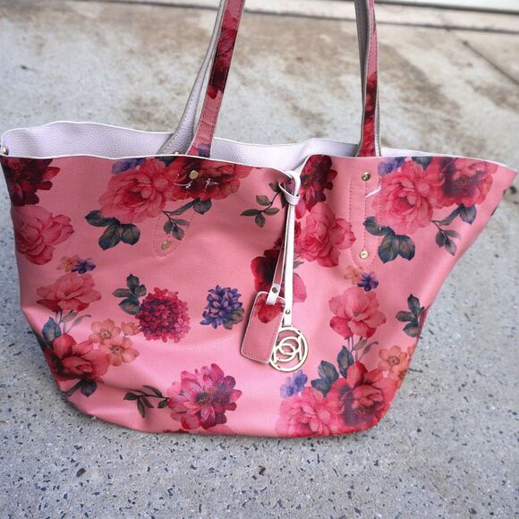 Bebe Reversible Floral Tote Bag Pink Vegan Leather Purse NWT Large - Picture 7 of 11